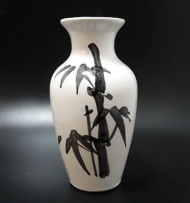 Vintage Nanco White Ceramic Bud Vase 6.25  Black Painted Bamboo Design • $12.95