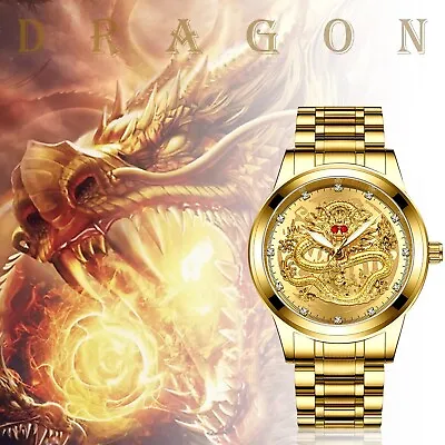Luxury Gold Dragon Design Men's Watch Stainless Steel Waterproof Gift NEW 2024 • $19.45