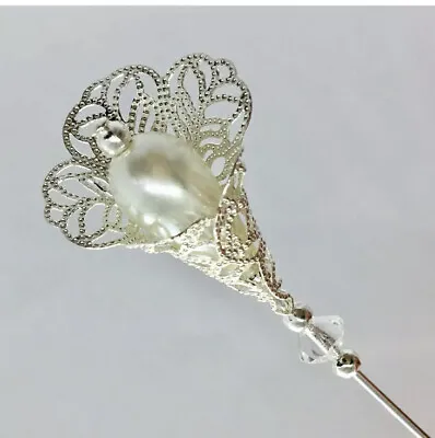 £6.99 • Buy IVORY Pearl CALLA LILY Antique Silver Style Hat Pin 5  With Pin Protector**
