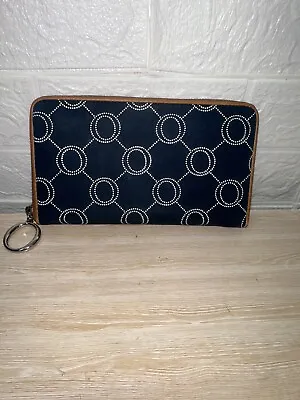 $35 • Buy Oroton Leather Brown Trims Blue O Monogram Canvas Large Clutch Wallet