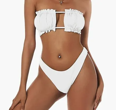 ZAFUL Women Strapless Bathing Bikini Suit Frilled Sexy Thong High Cut Bandeau S • $14.60