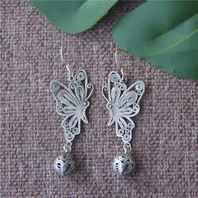 Elegant Chinese Pure Handmade Filigree Miao Silver Butterfly Ball Earring 1pair • $27