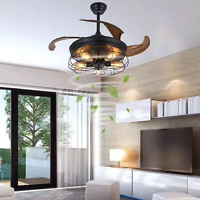 36  Retractable Ceiling Fan Light Caged Chandelier Fan Lamp 3-Speed W/Remote NEW • $75.63