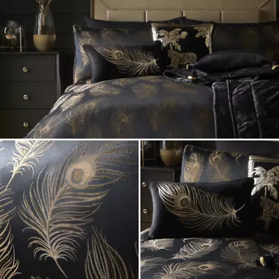 Black & Gold Llb Dandy Metallic Feather Jacquard Designer Luxury Soft Bedding • £46.99