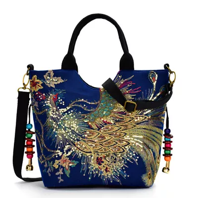 Ethnic Style Sequins Tote Bag Embroidery Handbag Vintage Canvas Crossbody Bag • $39.23