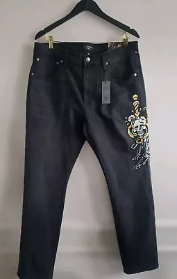 Ed Hardy Jeans Men's 36x31 Black Embroidered Skull Snake Panther  Stretch NWT  • $89.99