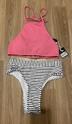 NEW 2 Piece Swimmers = Halter Pink Bikini Top XS + B&w Pants Striped Zaful Small • $20