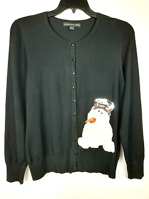 MICHAEL SIMON Ugly X-Mas Snowman Cardigan Sweater Black Button Front Sz M • $18.97