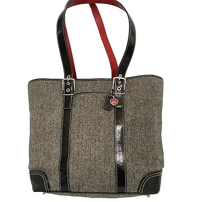 COACH Women's Wool Tote Herringbone Gray Black Leather Handbag Red Lining • $105