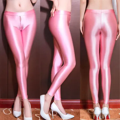 Women's Sexy Shiny Glossy Leggings Skinny Zipper Open Crotch Trousers Long Pants • £15.59