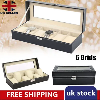 6 Grids Leather Watch Case Jewelry Collection Storage Holder Display Box Black • £8.79