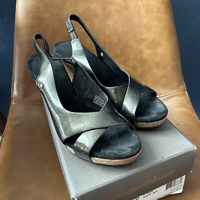 Ugg Women’s Hazel Wedge Platform Sandals Sz 6 Ankle Strap 1922 W Black With Box! • $24.99