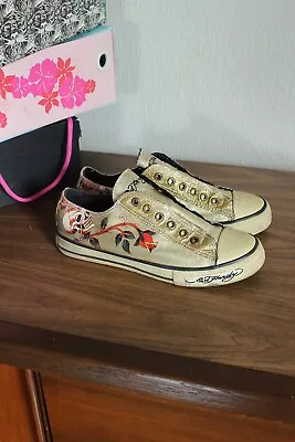 ED HARDY  Patent Canvas Laceless Slip On Sneaker Shoes US 7 Skull Rose Gold • $35