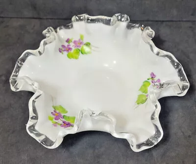 Vintage Fenton Gwen Moore Ruffled Glass Dish Bowl With Hand Painted Violets • $19.99
