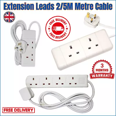 2 Way Mains Extension Lead Gang Double /Socket Power 2M 5 Metre Cable 13A White • £12.95