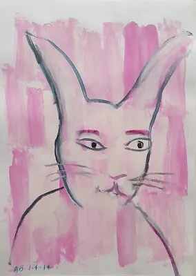 Auguste BLACKMAN Baby Pink Rabbit - Original Signed Ink Painting Minimal Animal • $354