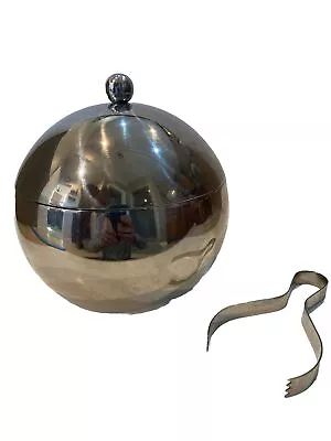 Vintage MCM Orb Sphere Chrome Ice Bucket Bar Ware With Tongs Tool Cocktails • $39.99