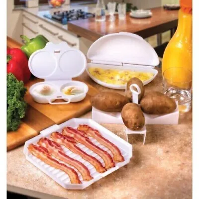 4 Piece Microwave Breakfast Cooking Set Egg Poacher Bacon Potato Omelette Maker • £10.99