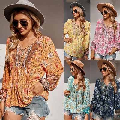 $15.99 • Buy Women Floral Long Sleeve V-neck Lace Up Loose Boho Beach Blouse Tops Shirt