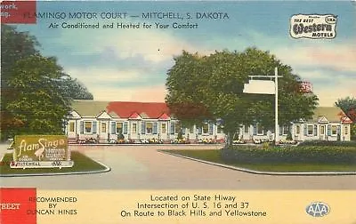 Mitchell South Dakota~Flamingo Motor Court~Bird On Sign~1952 Linen Postcard • $6