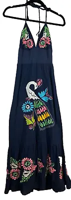 Blue Peacock Embroidered Dress Women XS Halter Lined VaVa Joy Han Boho Lined C22 • $20.99