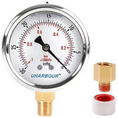 $20.07 • Buy UHARBOUR Glycerin Filled Vacuum Pressure Gauge, 2-1/2  Clear Dial,1/4 NPT Bottom