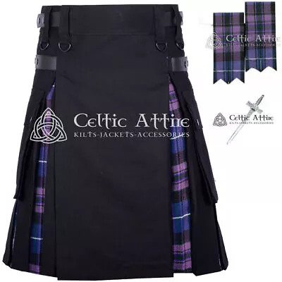 Black Cotton Utility Kilt - Scottish Tartan Cargo Pockets Hybrid KILTS For Men • $46