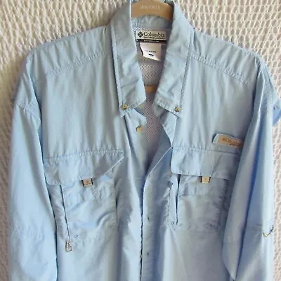 Columbia Mens Shirt L PFG Omni Shade Sun Protection Blue Long Sleeve Nylon Fish • $6