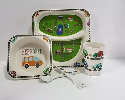 Core Kids Automobile 5 Piece Bamboo Dinnerware Set Cars Trucks Road Trees • $20