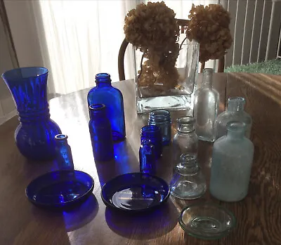 VTG Cobalt Blue Vicks + ANTIQUE AQUA Misc Bottle Glass LOT 15 PCS. BROMO SELTZER • $34.99