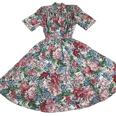 Vintage SL Petites Floral Dress Shoulder Pads Women's 6 S Small Midi Pink Blue • $24.95