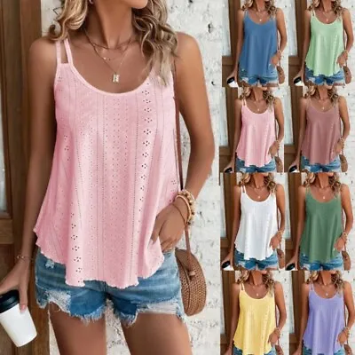 Ladies Casual Plain Beach Cami Vest Crew Neck Sleeves Tank Blouse Plus Size • £9.59