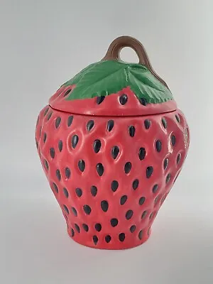 Large Vintage Ceramic Strawberry Canister Or Cookie Jar Red Black  11½ X6½ X8  • $32.99