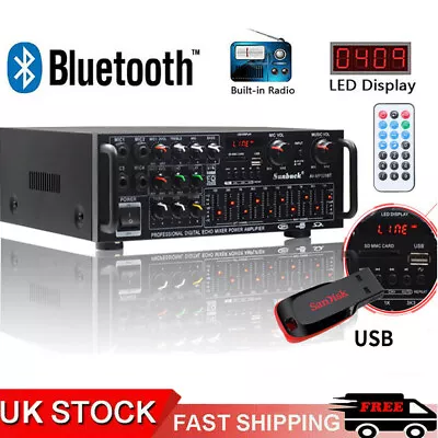 2000W Digital Power Amplifier Bluetooth Stereo HiFi Audio 2CH USB SD FM Car Home • £33.80