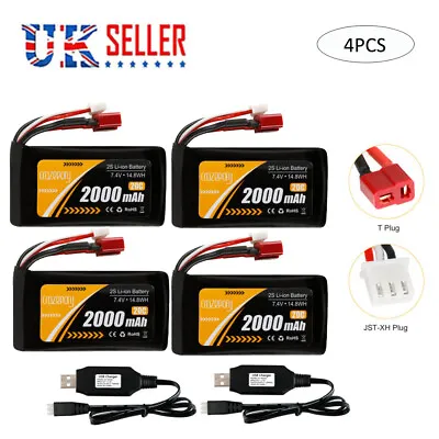 4x 7.4V 2000mah 20C Li-ion Battery T Plug And JST-XH Plug+USB Charger For RC Car • £16.13