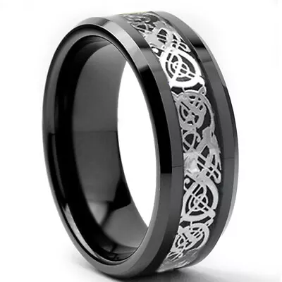 Black Tungsten Carbide Silver Celtic Dragon Ring Mens Jewelry Wedding Band 8mm • $13.56