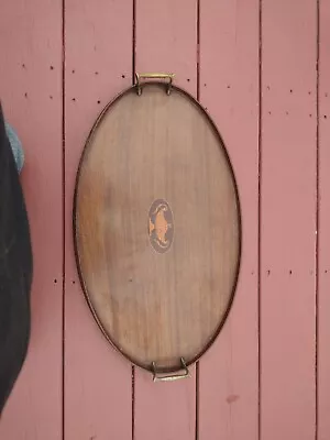 Antique Edwardian Oval Serving Tray Mahogany W/ Inlaid Maple & Brass Handles • $79.99