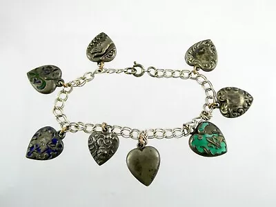 Antique Victorian Sterling Silver Enamel Puffy Heart Charm Bracelet 7 Inch 11.1g • $250