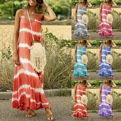 Womens Tie Dye Maxi Dress Shiny Boho Beach Summer Long Dress Holiday Plus Size • $19.94