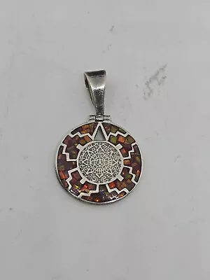 Vintage Mexico Sterling Silver Fire Opal Inlay Mayan Aztec Calendar Pendant • $39