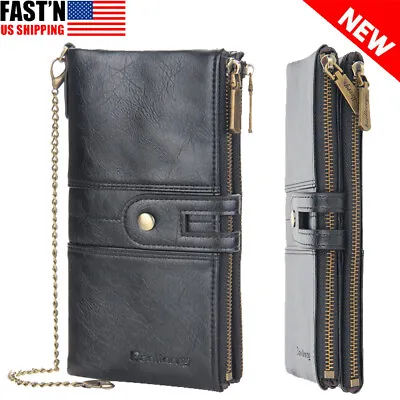 Men's Long Wallet With Chain Leather RFID Blocking Biker Trucker Bifold Zipper • $12.89