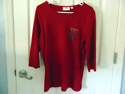 QUACKER FACTORY Christmas Red Long Sleeve Sequin Pocket Tunic Knit Top Size M #3 • $13.99