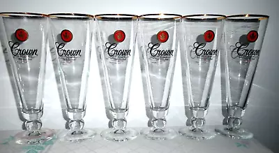 Set 6 Crown Lager Australia's Finest Stem Gold Rim Beer Glasses 21cm High 300ml • $49.99