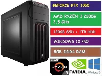 Amd Ryzen 3 2200g Desktop Gaming Pc Gtx 1050 120 Gb Ssd 1tb Hdd 8gb Ram W10 Pro • $1349.99