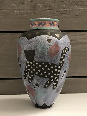 $88 • Buy Vintage Raku Studio Art Pottery Vase With Cat And Fish ~ Signed
