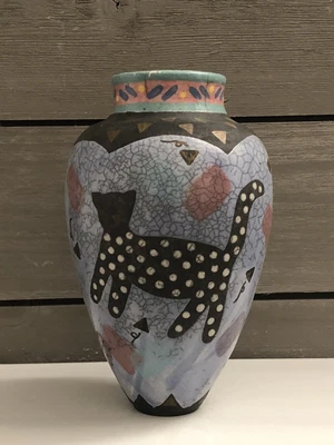 $88 • Buy Vintage Raku Studio Art Pottery Vase With Cat And Fish ~ Signed