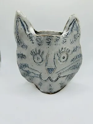 Vintage Clay Art Pottery Cat Face Vase Gray Blue Signed By Artist 1997 • $28