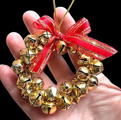 Vintage 90s Jingle Bells Ornament Gold Christmas Hand Painted Metal Holiday Deco • $17.95
