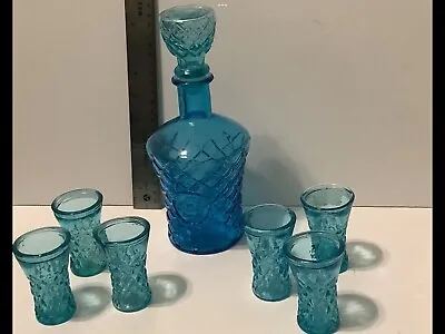 Vintage 8 Piece English Decanter Set Sea Blue Decanter And 6 Glasses Barware MCM • $55