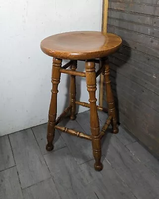 Vintage Rustic Farmhouse Oak Wood Round Bar Counter Stool • $157.50